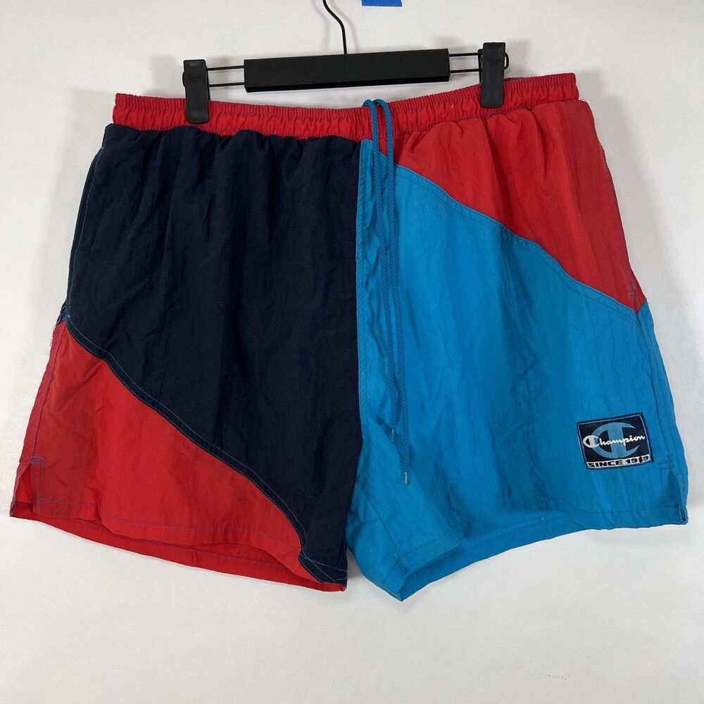 Vintage Champion Swim Trunks Mens XL Blue Red Colorblock Mesh Lined 4” Inseam